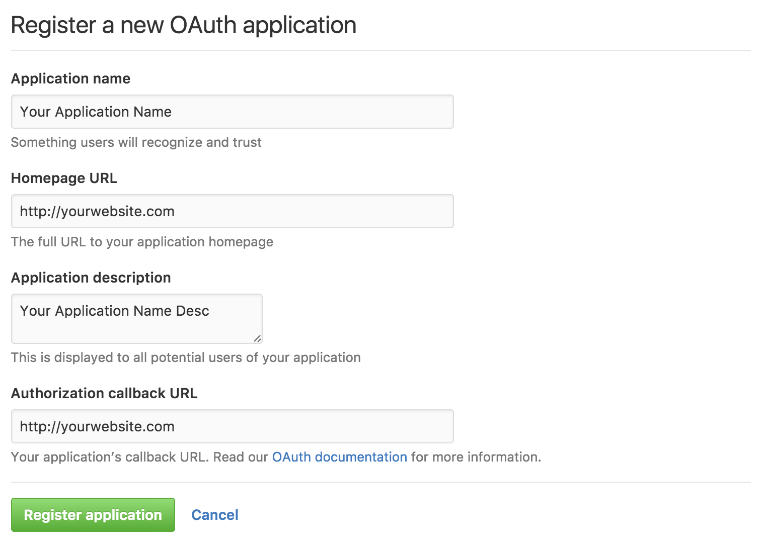 create a new application for Github
